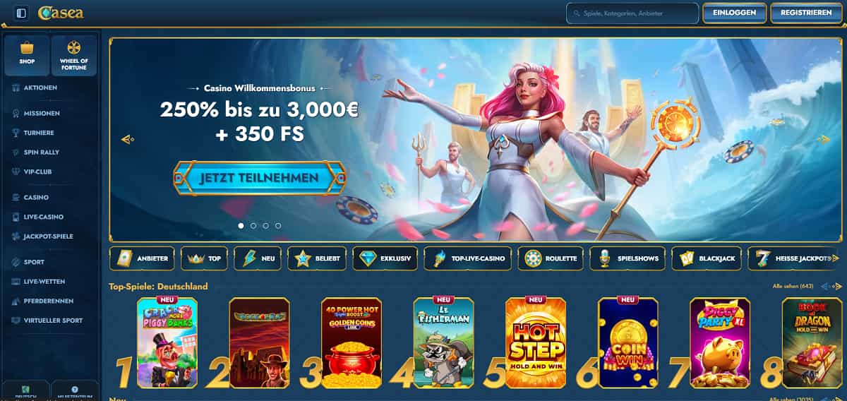 Casea Startseite mit Banner, das einen 250 %-Bonus bis zu 3.000 € plus 350 Freispiele bewirbt. Seitenleiste umfasst Casino, Live-Casino, Sportwetten und VIP-Club. Bereich „Top-Spiele: Deutschland“ zeigt Slots wie Book of Ra, Crack Piggy Banks und Rich Dragon.