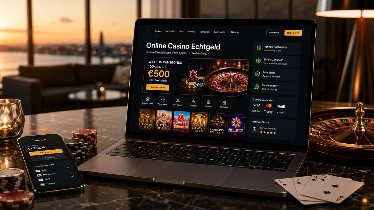 Modernes Online Casino Echtgeld auf einem Laptop mit Casino-Oberfläche, Chips und Roulette in luxuriöser Atmosphäre.